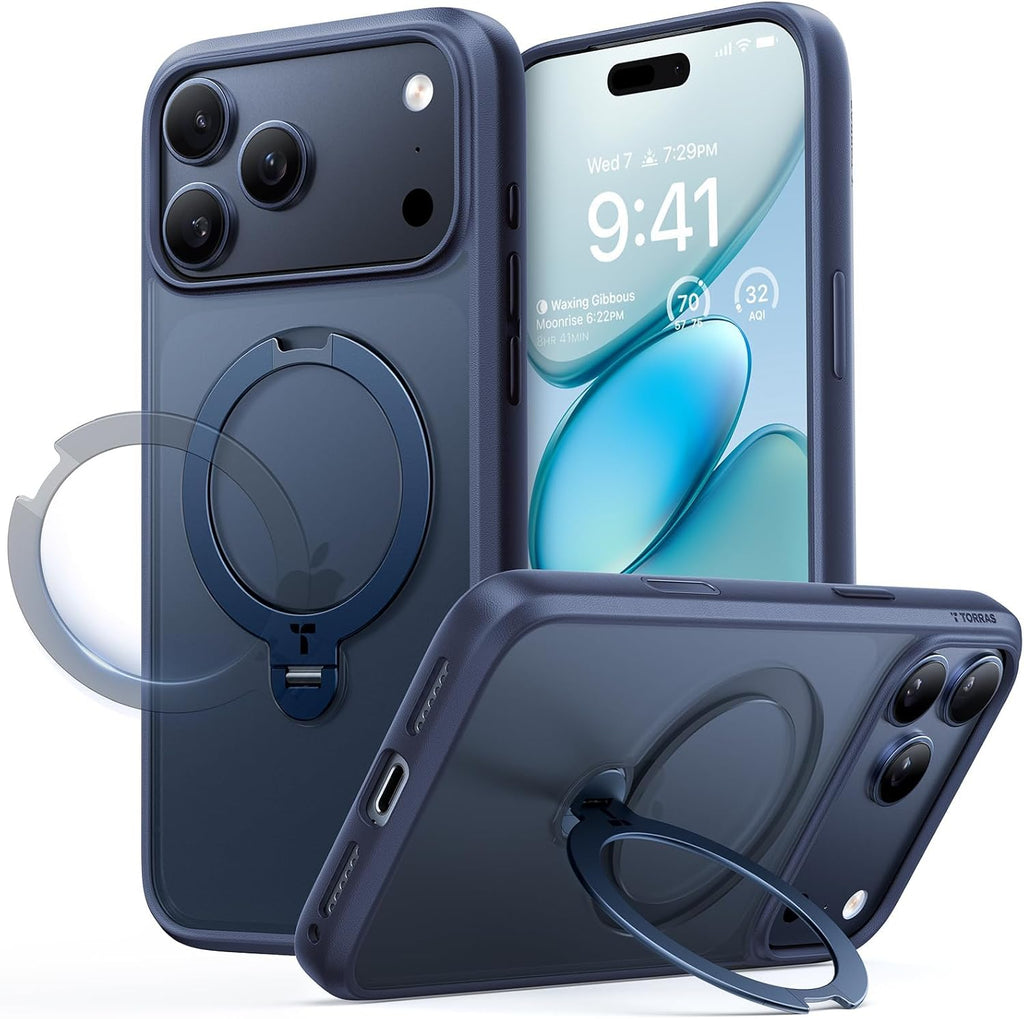 TORRAS Ostand Série Spin pour Coque iPhone 17 Pro , [Finition Mate Antidérapante et Anti-traces de Doigts] - Bleu Marine