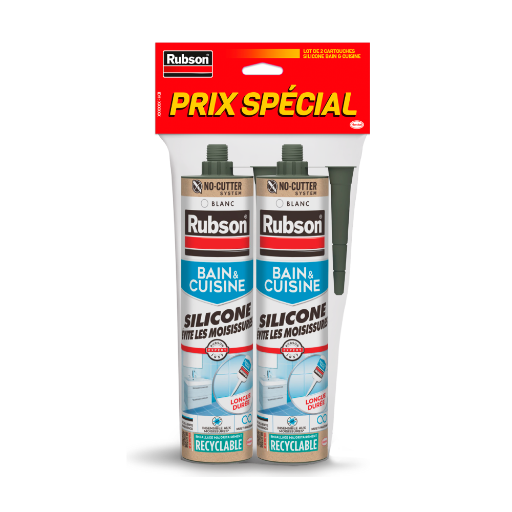 Rubson – Mastic Bain & Cuisine Pure Silicone Anti-Moisissures Blanc (lot de 2 cartouches 280 ml), mastic sanitaire à base de silicone, étanche renforcé en antifongique