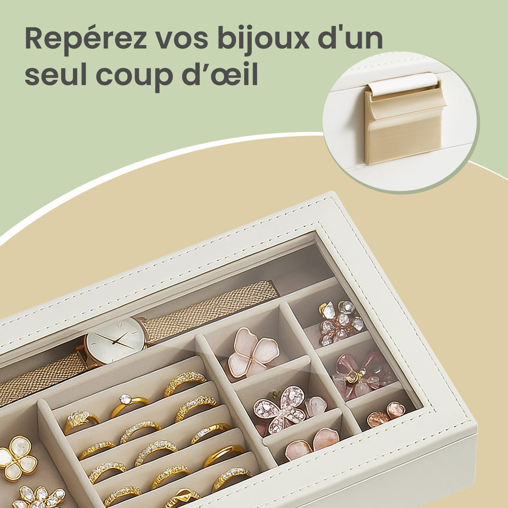 JOYFURNOS Plateaux à Bijoux Empilables , Boîte à Bijoux 6 Niveaux, Grand Coffret à Bijoux avec Couvercle en Verre Transparent, 17 x 28 x 25,3 cm, pour Coiffeuse, Idée Cadeau, Blanc Nuage