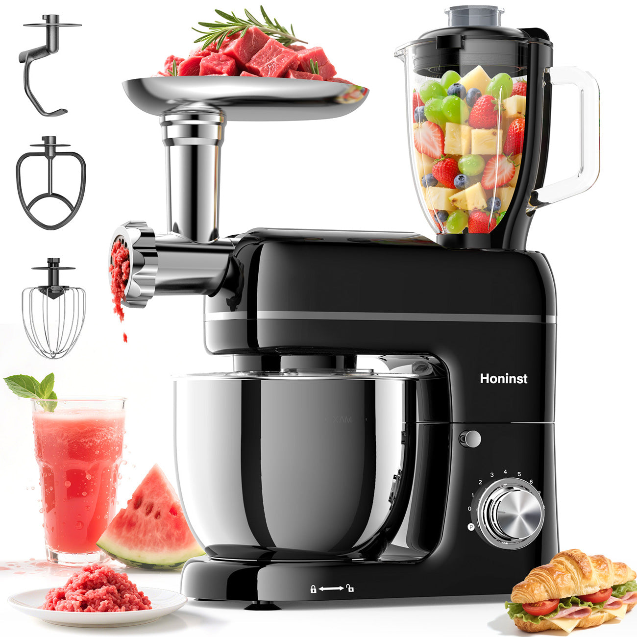 HONINST Robot pâtissier sur socle multifonction 7-en-1, Robot de cuisine à tête inclinable 8 vitesses 6,5 qt, Batteur électrique avec hachoir à viande, Mixeur à jus
