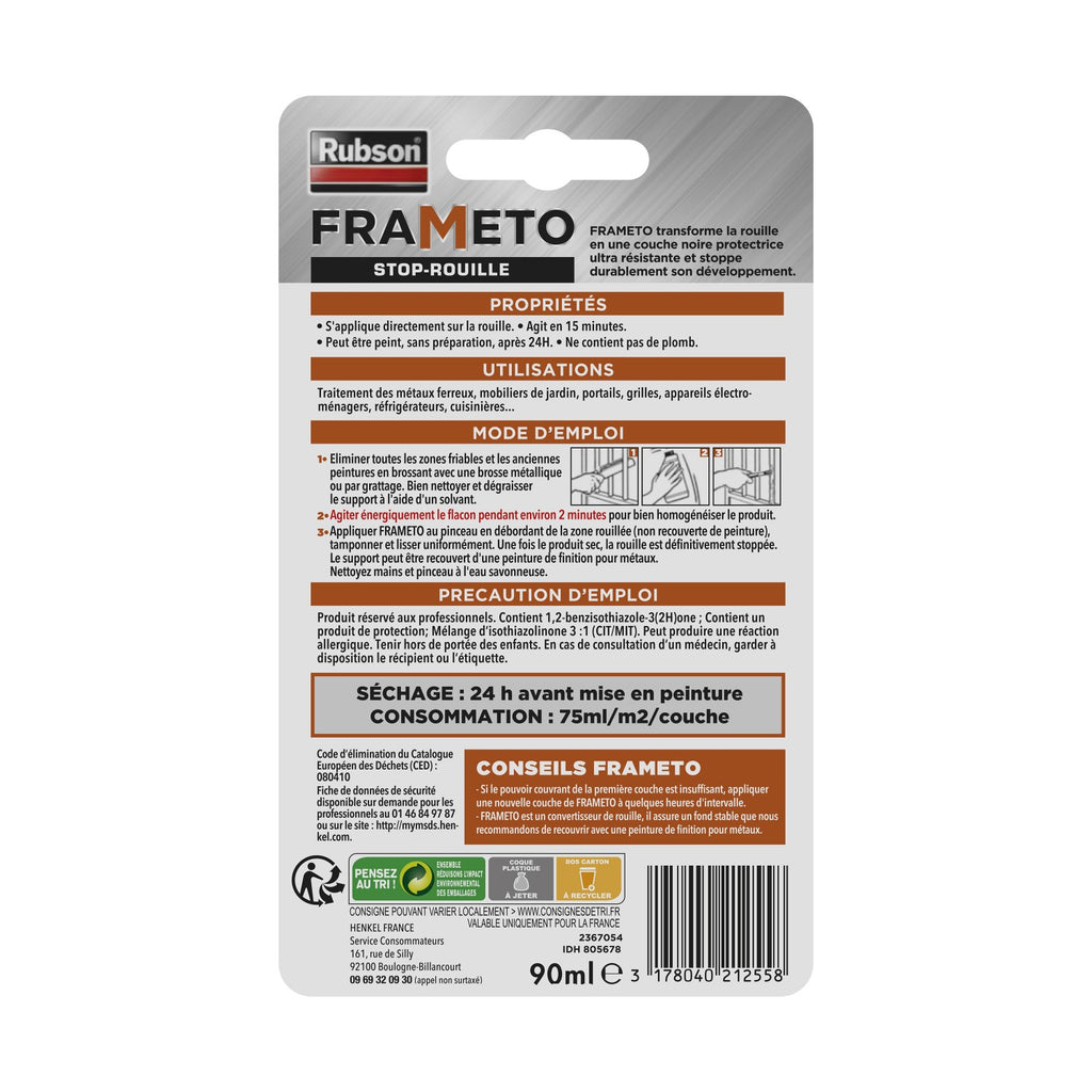 Rubson Frameto Stop-Rouille, Traitement antirouille pour intérieur et extérieur, Convertisseur de rouille à effet immédiat, peut être peint, coloris noir, 90 ml