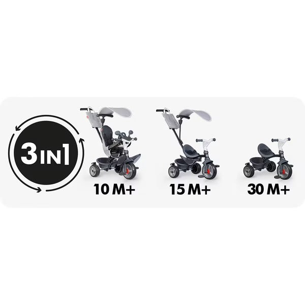 Smoby - Tricycle Baby Driver Gris - Evolutif 3 en 1 - Poignée Parentale Réglable - Frein de Parking, Repose-pied, Pare-soleil Anti-UV - A Partir de 10 Mois Jusqu'à 3 Ans - Fabrication Espagnole