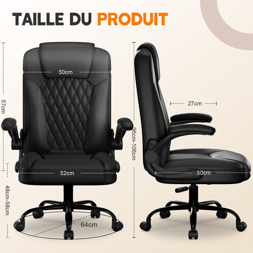 GTIMEX Chaise de Bureau Ergonomique en Similicuir, Accoudoirs Rabattables à 90°, Fonction Bascule 90-120°, Soutien Lombaire, Hauteur Réglable, Capacité de Charge 150 kg