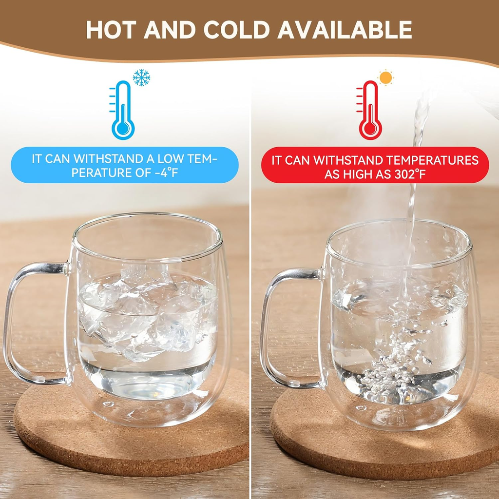 MEOKY Lot de 2 gobelets en verre à double paroi avec poignée, isolées, pour boissons chaudes et froides, 350 ml