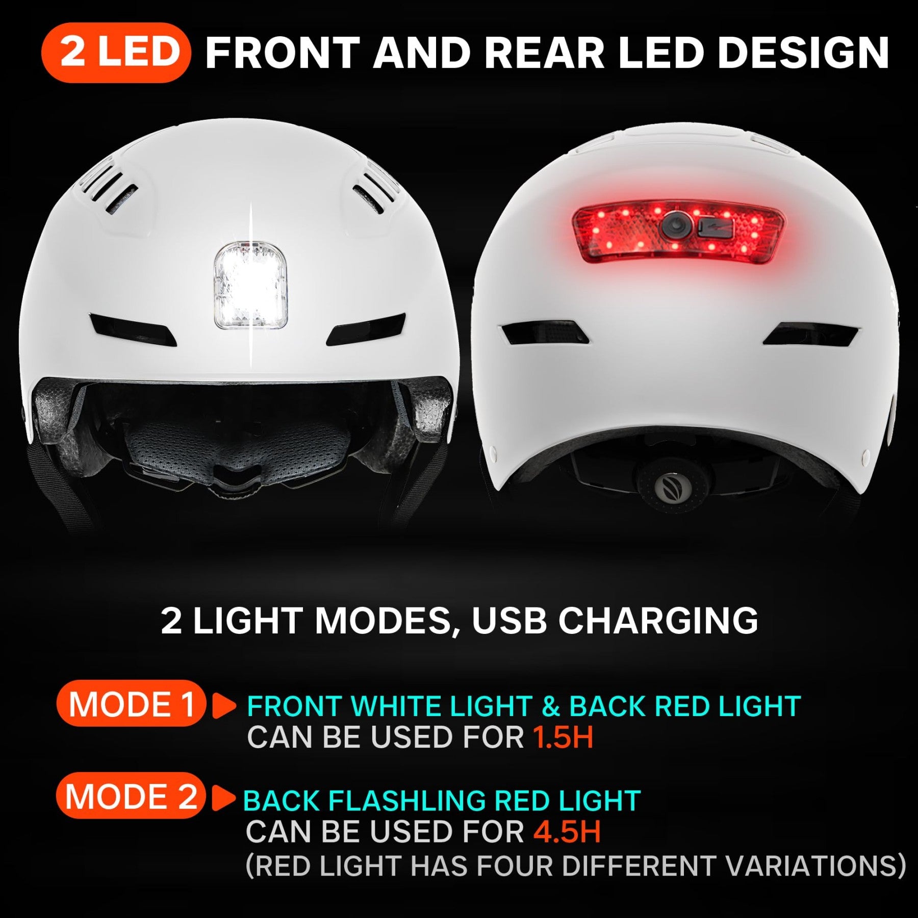 DKONI HS-158 Casque de vélo adulte rechargeable USB avec éclairage avant et arrière Pour hommes et femmes Blanc S 48-55 cm