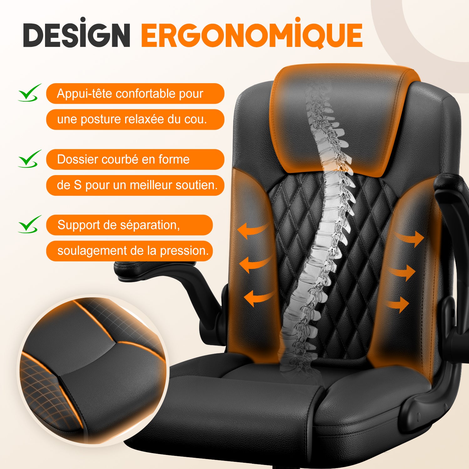 GTIMEX Chaise de Bureau Ergonomique en Similicuir, Accoudoirs Rabattables à 90°, Fonction Bascule 90-120°, Soutien Lombaire, Hauteur Réglable, Capacité de Charge 150 kg
