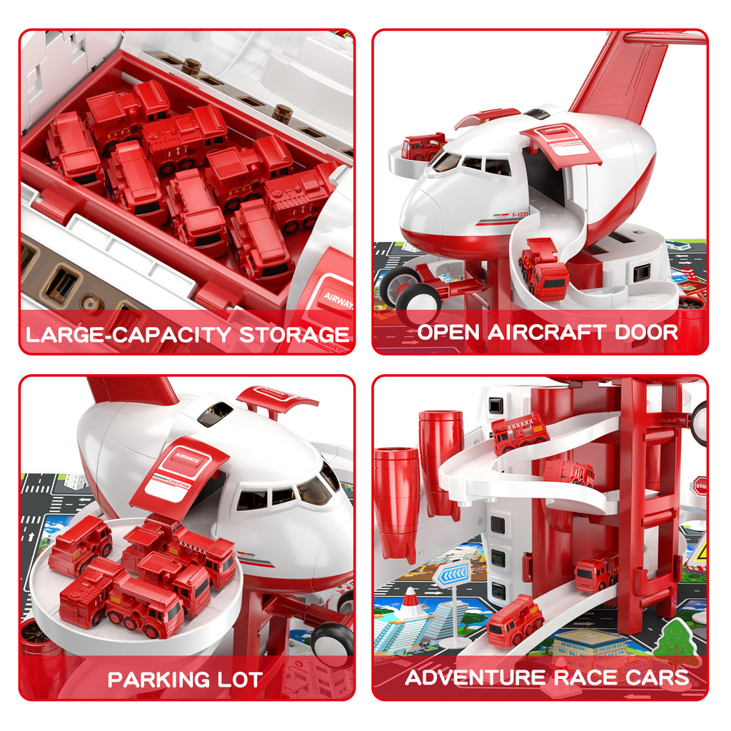 Jouet avion avec voitures de pompiers et tapis de jeu, avion avec lumières et sons pour garçons et filles