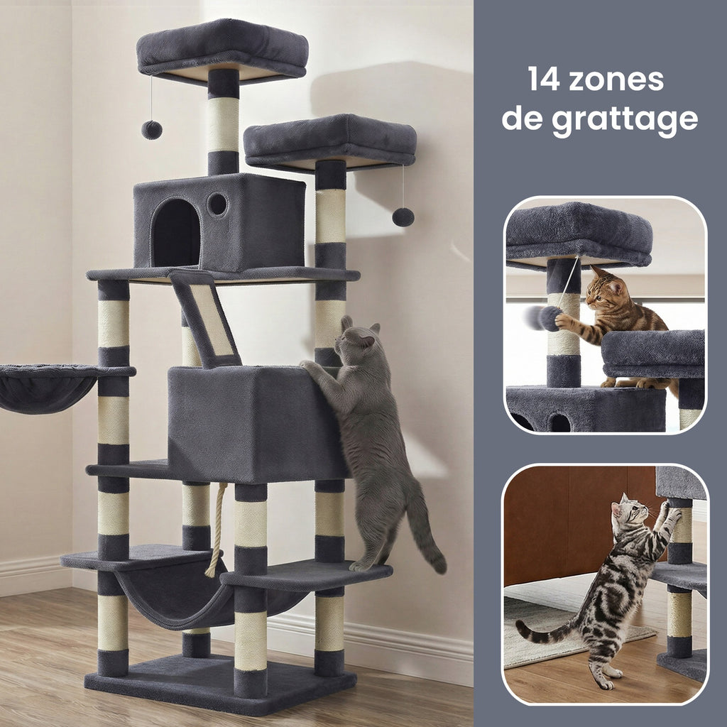 JOYFURNOS Arbre à chat, grande tour pour chat de 168 cm avec 13 poteaux à griffer, 1 rampe à griffer, 2 perchoirs, 2 niches, panier, hamac, pompons, gris fumé