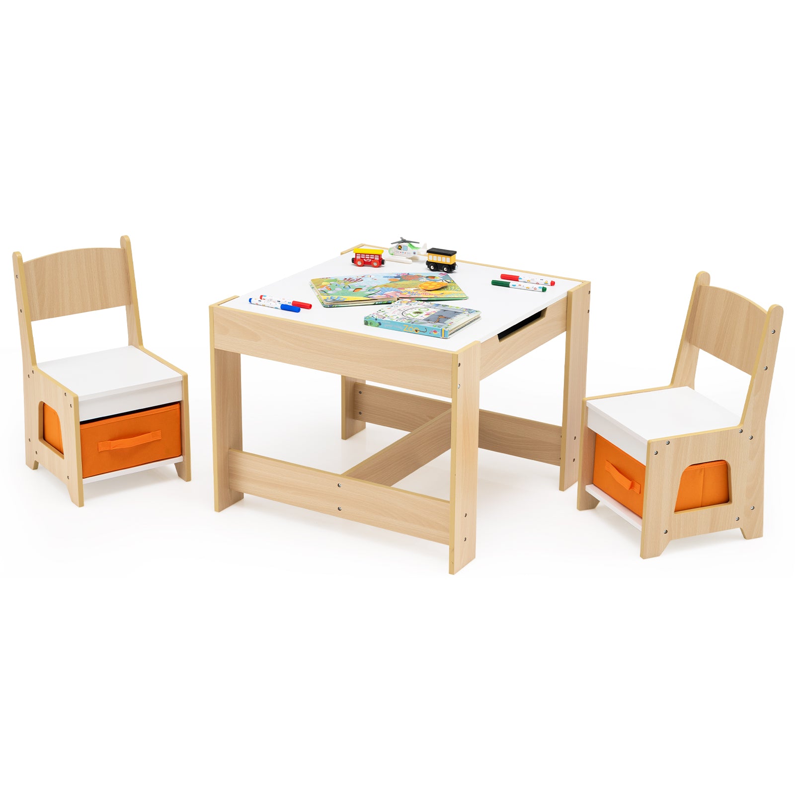 Table d'activités en bois avec 2 sièges et plateau double face amovible - Naturel