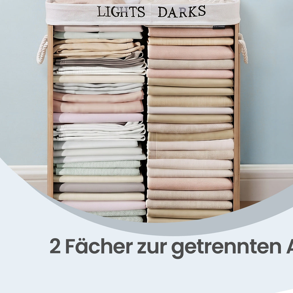 JOYFURNOS Panier à linge en bambou naturel avec 2 compartiments, 100 litres, pliable avec sac amovible, 52 x 63 x 32 cm