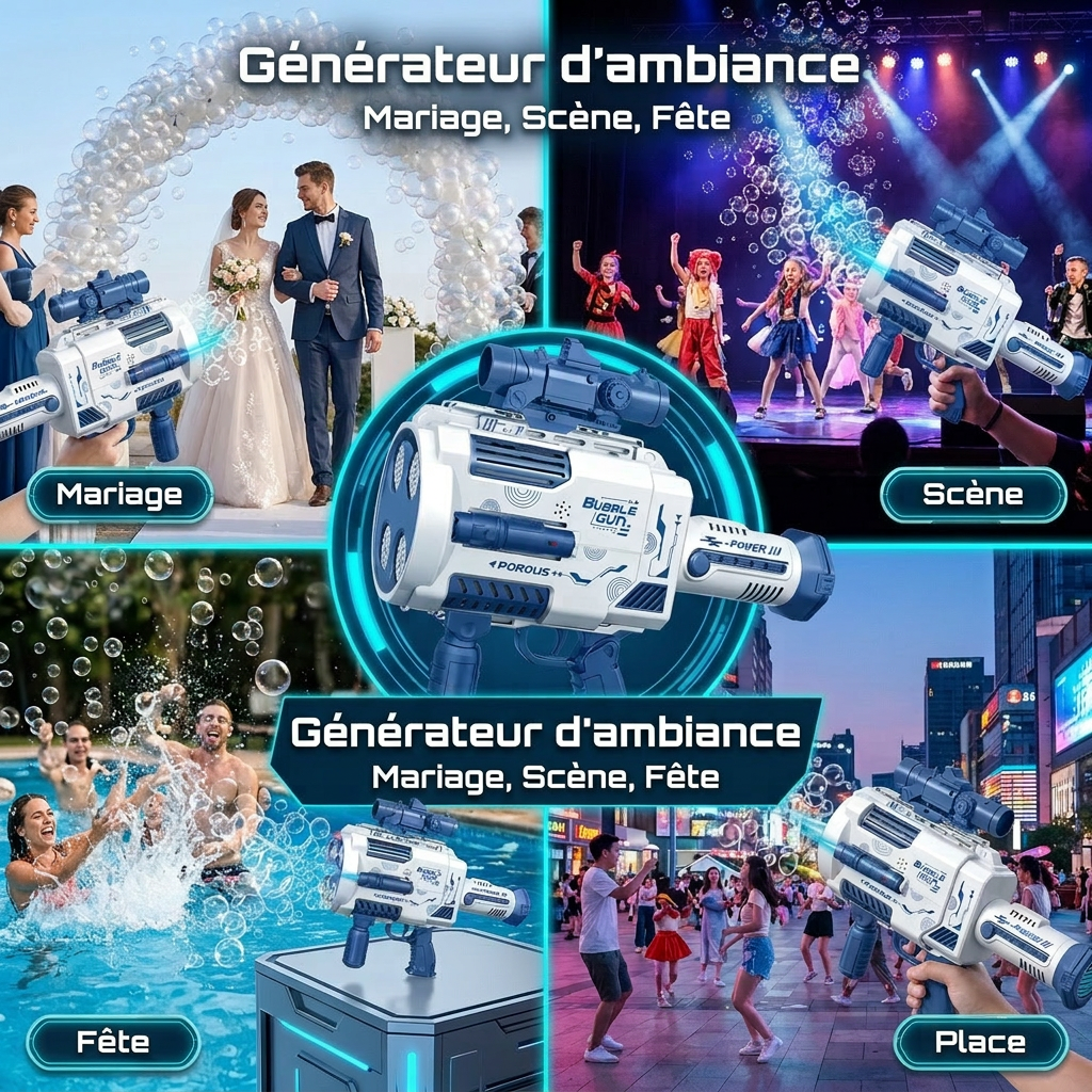 Pistolet à bulles automatique Tokky à 48 trous avec lumières LED, Machine à bulles rechargeable, Conception anti-fuite, Plus d'un million de bulles par minute