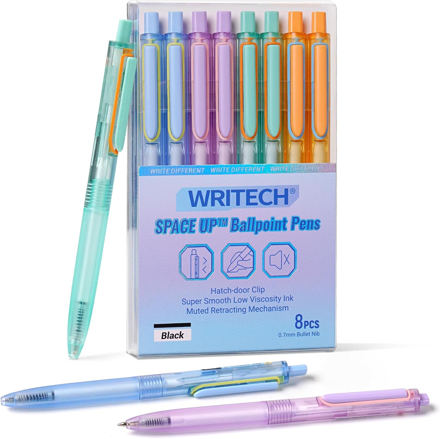 WRITECH Lot de 8 stylos à bille Space Up couleur pastel rétractables encre noire pointe fine 0,7 mm écriture ultra fluide encre à faible viscosité clic silencieux