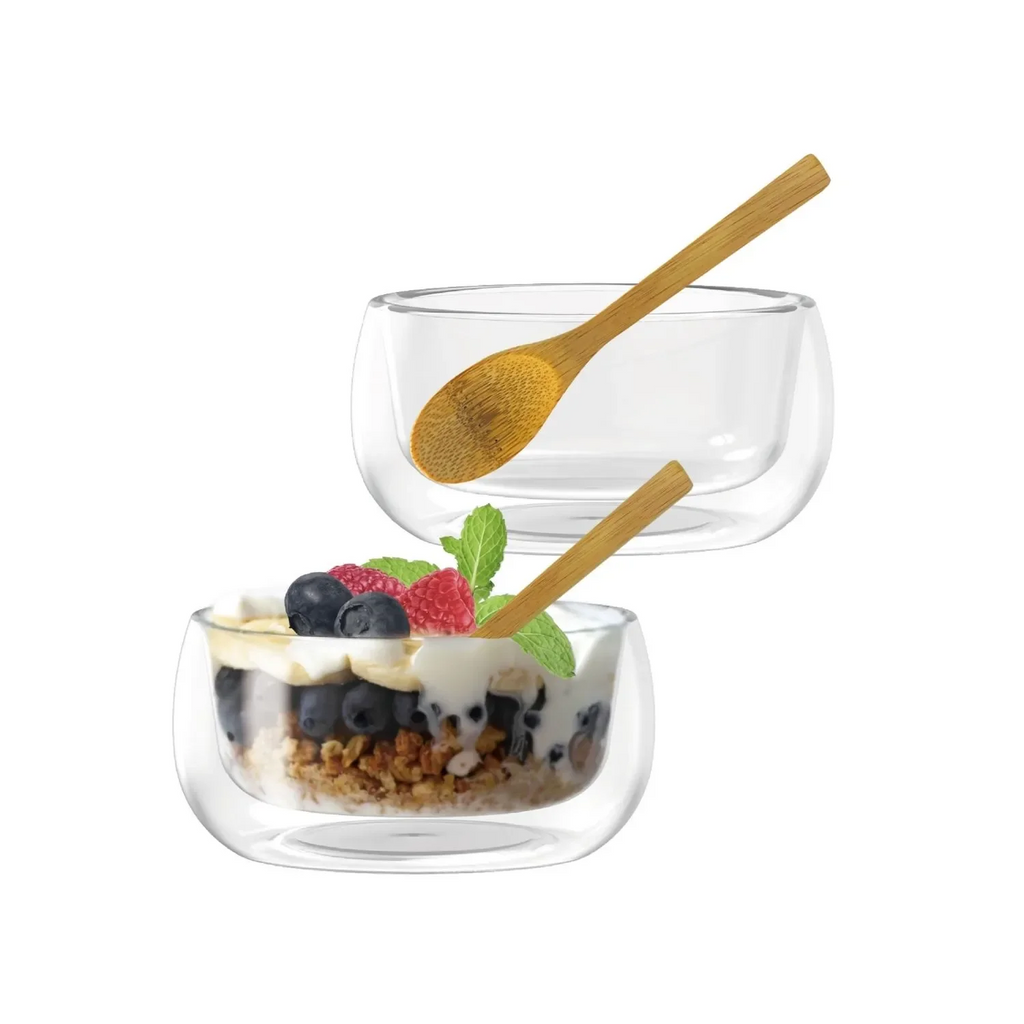 NUTS Lot de 2 bols à double paroi en borosilicate + cuillères en bambou - 11 cm