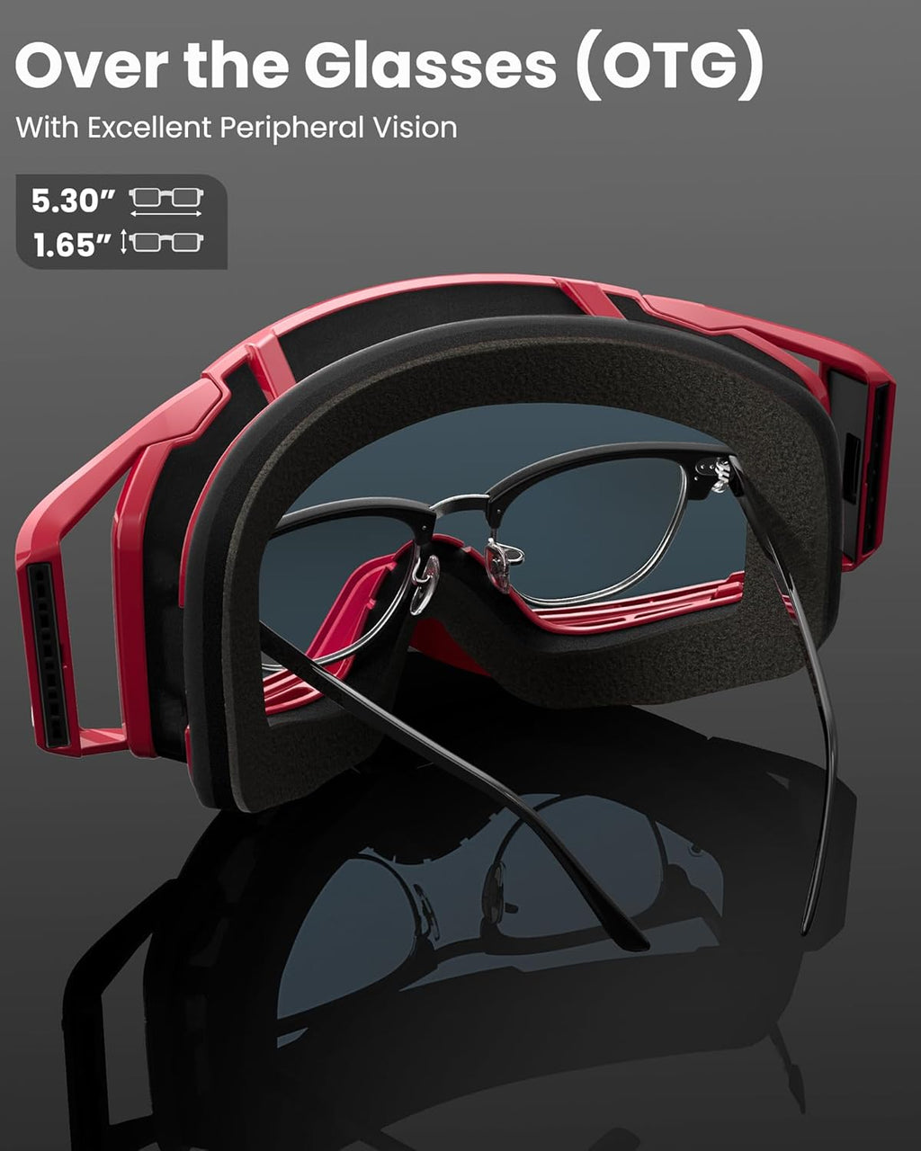 OutdoorMaster Mustang Lunettes OTG pour moto cross, pour hommes, femmes et adolescents, monture rouge, lentilles grises avec finition argent