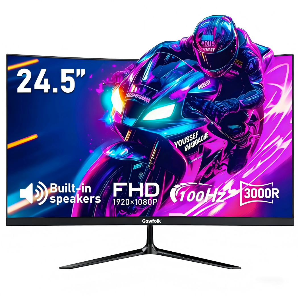 Gawfolk Moniteur incurvé 24,5 pouces 1K Full HD, Taux de rafraîchissement 100 Hz, Temps de réponse 1 ms (MPRT), Courbure 3000R, Haut-parleurs intégrés, AMD FreeSync