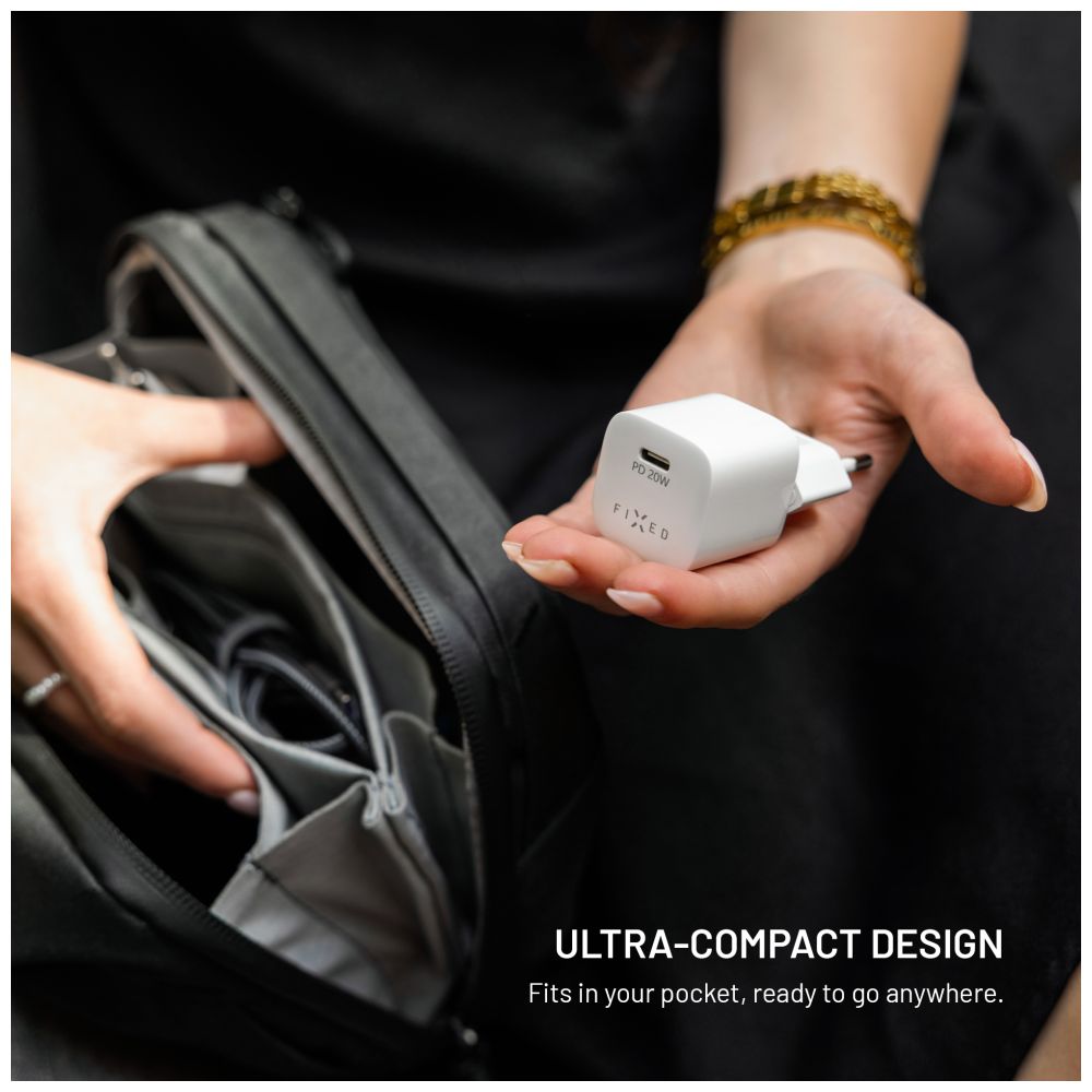 FIXED Chargeur de voyage mini 20 W + câble USB-C vers USB-C, Blanc