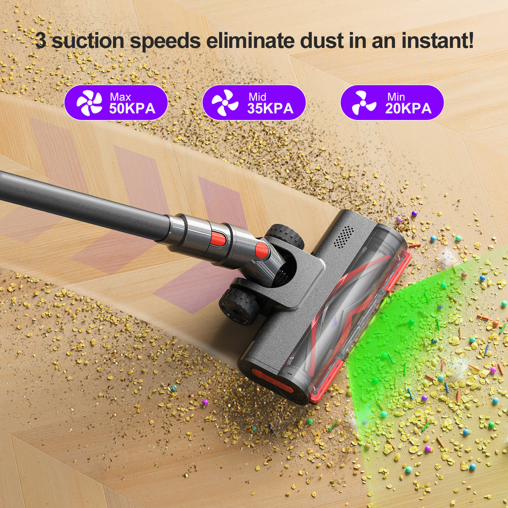 Lubluelu G11 Aspirateur balai sans fil avec puissance d’aspiration 45kPa avec brosse anti enchevêtrement, tête LED verte améliorée et 12 accessoires inclus - 43 x 30,2 x 19,5 cm / 3,5 kg