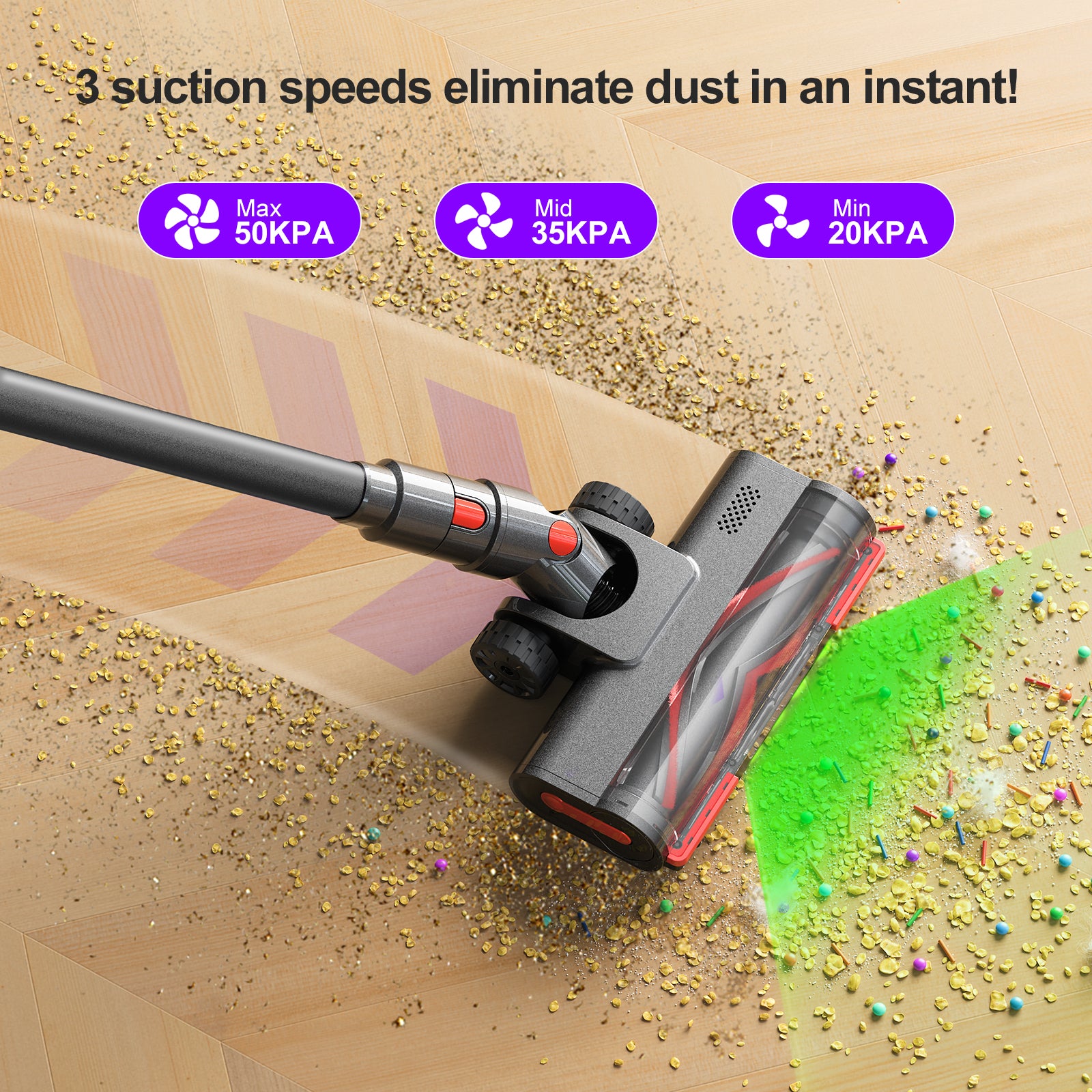 Lubluelu G11 Aspirateur balai sans fil avec puissance d’aspiration 45kPa avec brosse anti enchevêtrement, tête LED verte améliorée et 12 accessoires inclus - 43 x 30,2 x 19,5 cm / 3,5 kg