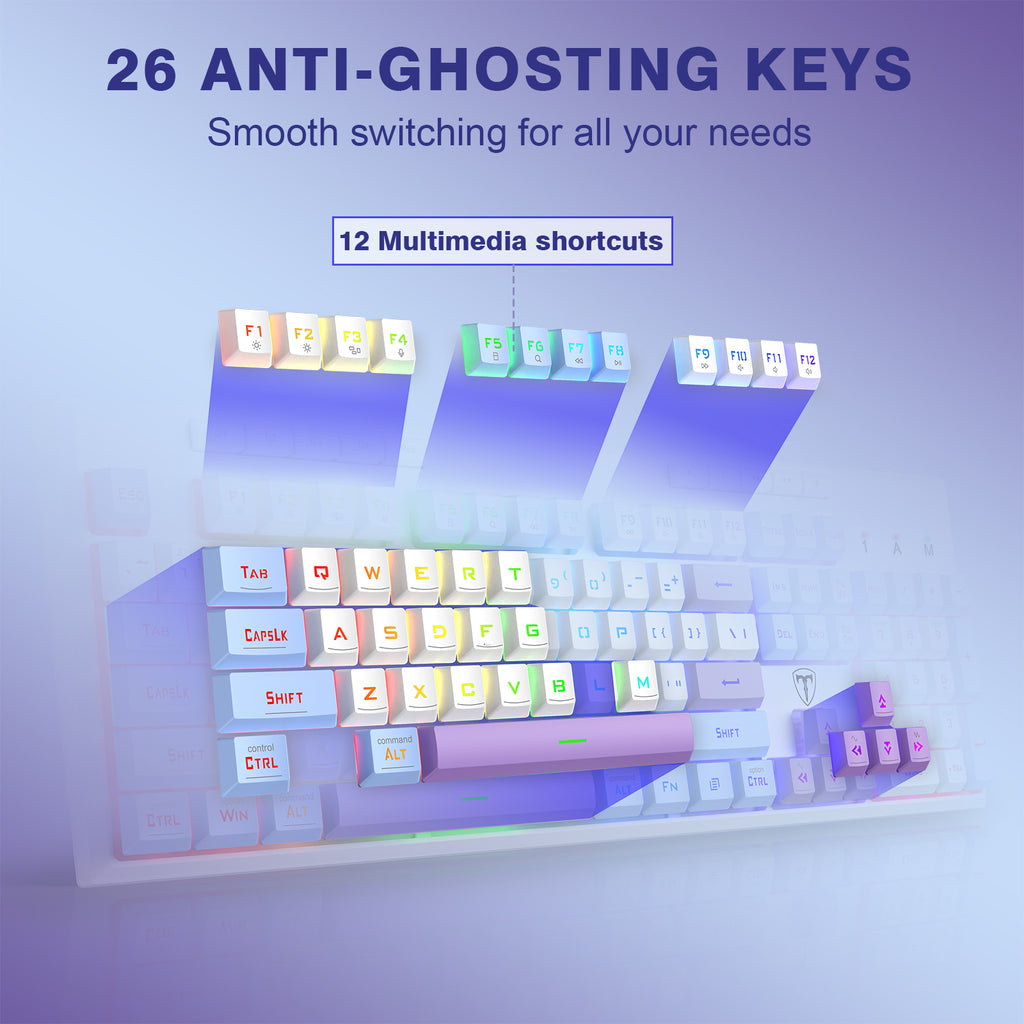 ET clavier de jeu 100 % à trois modes, disposition QWERTY américaine, rétroéclairage RVB, macros personnalisables, anti-effet fantôme 26 touches, 4000 mAh, crémeux