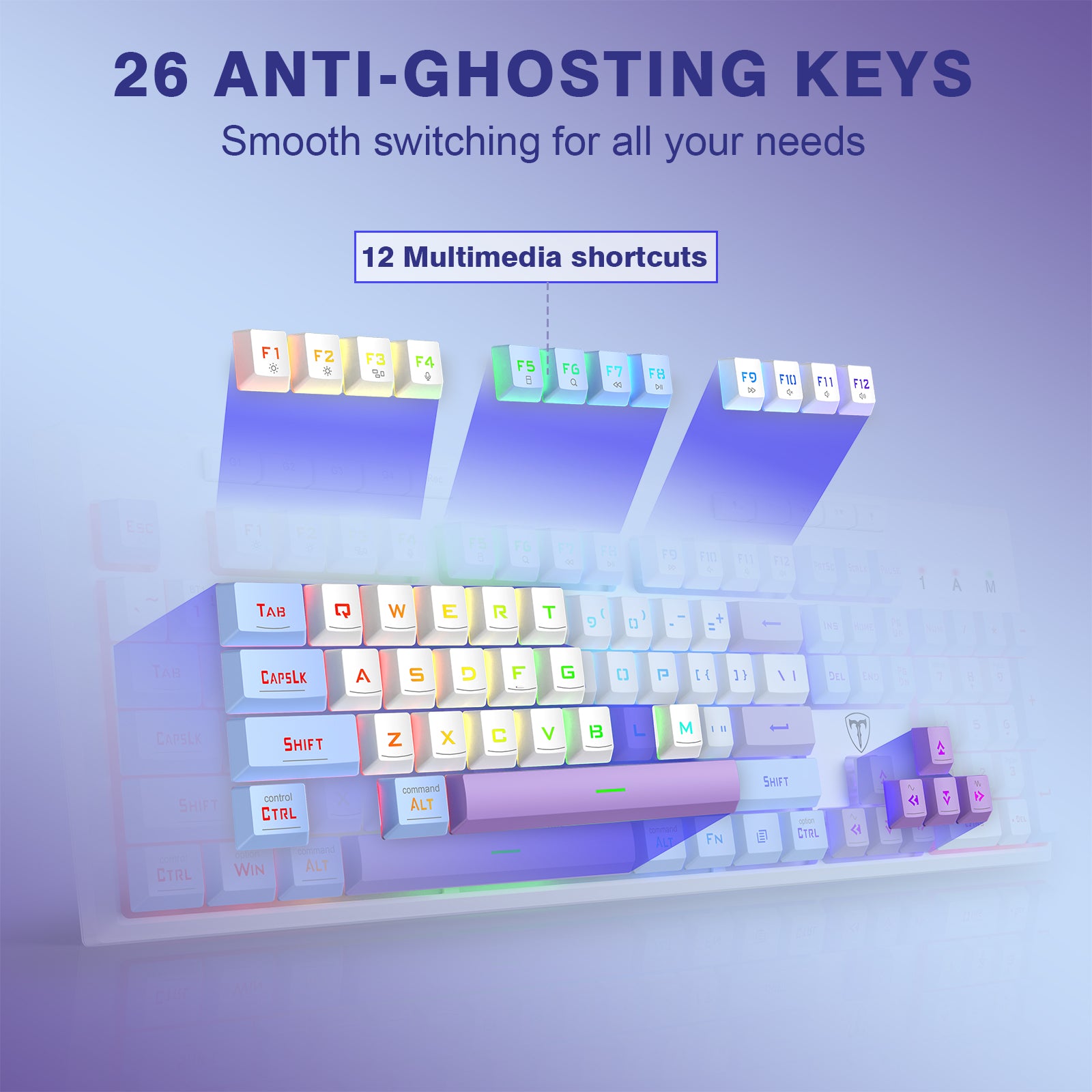 ET clavier de jeu 100 % à trois modes, disposition QWERTY américaine, rétroéclairage RVB, macros personnalisables, anti-effet fantôme 26 touches, 4000 mAh, crémeux