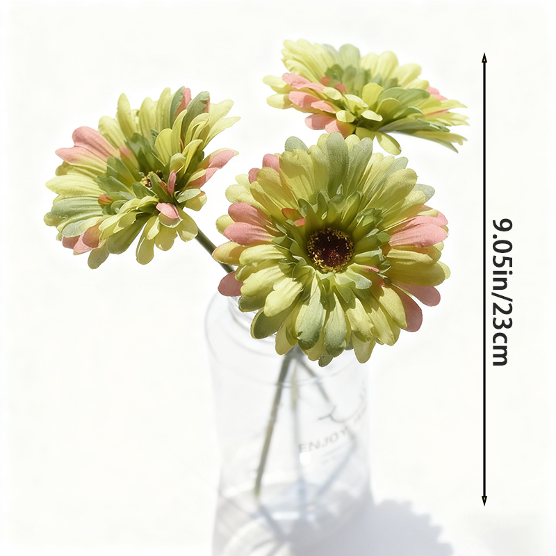 Yuejia 3 pièces 9,05 po / 23 cm Fleurs de gerbera en soie artificielle Mariage maison vérandas Décoration de table Fausses marguerites chrysanthèmes Fête Décoration de maison (vert)