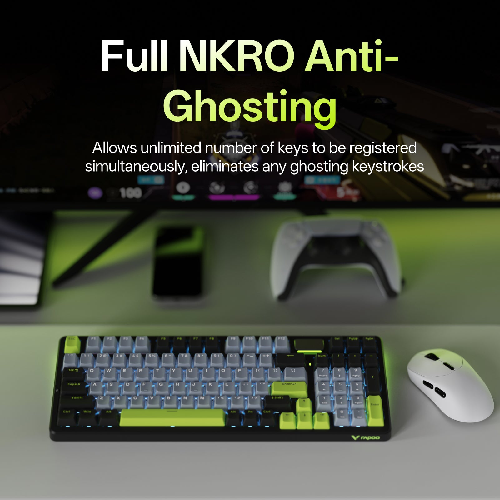 Rapoo V700DIY Clavier mécanique 96 % tri-mode, Gasket Mount et disposition QWERTY US - Noir/gris/vert
