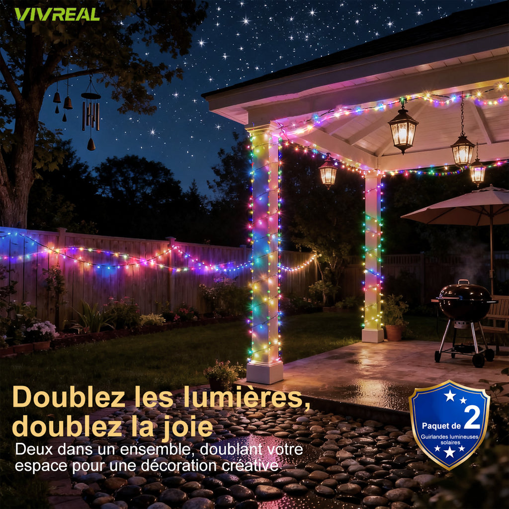 VIVREAL IL-CSL-BB01 Lot de 2 guirlandes lumineuses en fil de cuivre pour extérieur avec panneau solaire, 80 LED colorées, 8 modes d’éclairage - 7,6 m