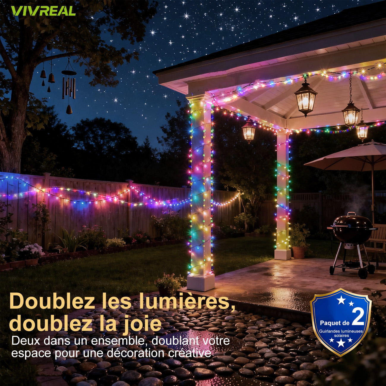 VIVREAL IL-CSL-BB01 Lot de 2 guirlandes lumineuses en fil de cuivre pour extérieur avec panneau solaire, 80 LED colorées, 8 modes d’éclairage - 7,6 m