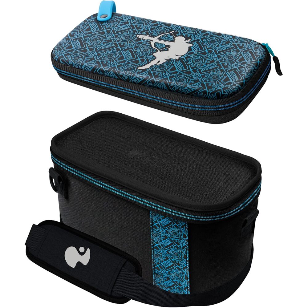 PDP Gaming Étui de transport 2-en-1 Pull-N-Go pour Nintendo Switch - Compartiments modulables - Bandoulière rembourrée - Licence officielle - Motif luminescent Sheikah Shoot Overnight - Noir et bleu