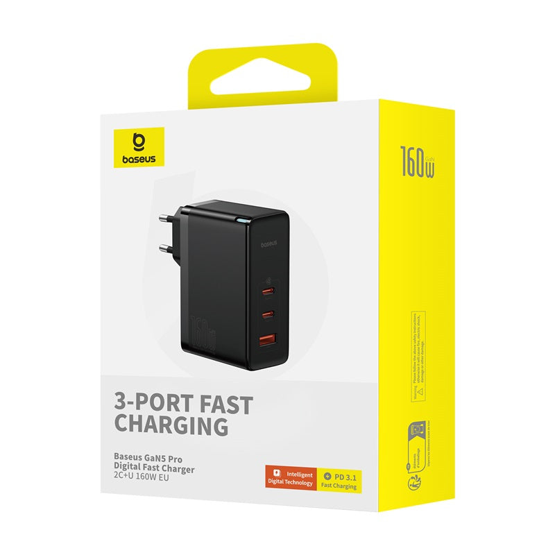 Baseus GaN5 Pro Chargeur rapide numérique 2C+U 160 W EU Noir Avec câble de charge rapide Superior Series Type-C vers Type-C 240 W 48V/5A