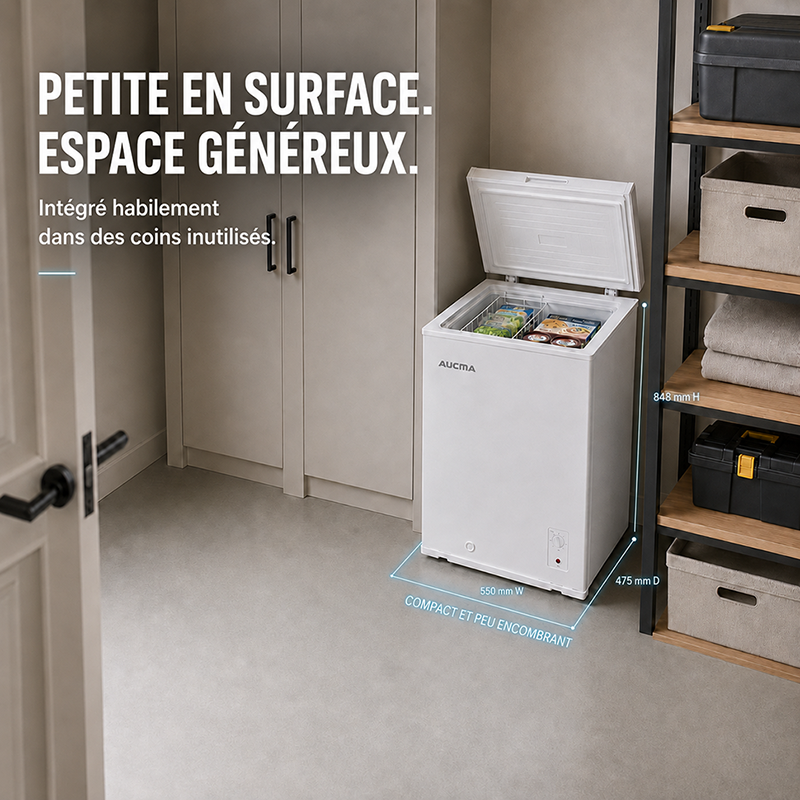 AUCMA 95 L Congélateur Coffre Convertible, Réfrigérateur & Congélateur Réversible, Mini Congélateur Profond Ouverture par le Haut, Classe Énergétique E, Fonctionnement Silencieux, Thermostat à 7 Niveaux, Panier Amovible & Tuyau de Dégivrage, Convient