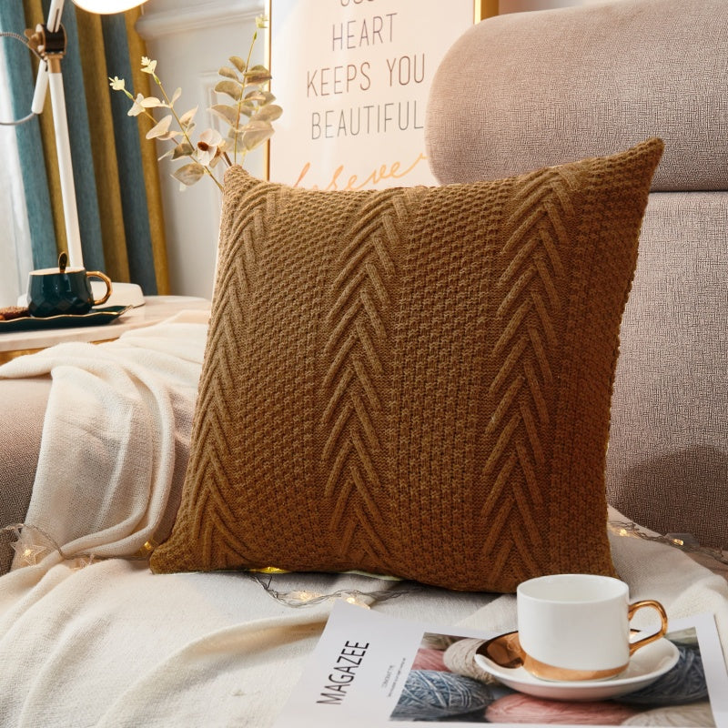 MEROPE Housse de coussin en tricot acrylique/chevrons, 50 x 50 cm, Marron, Lot de 1