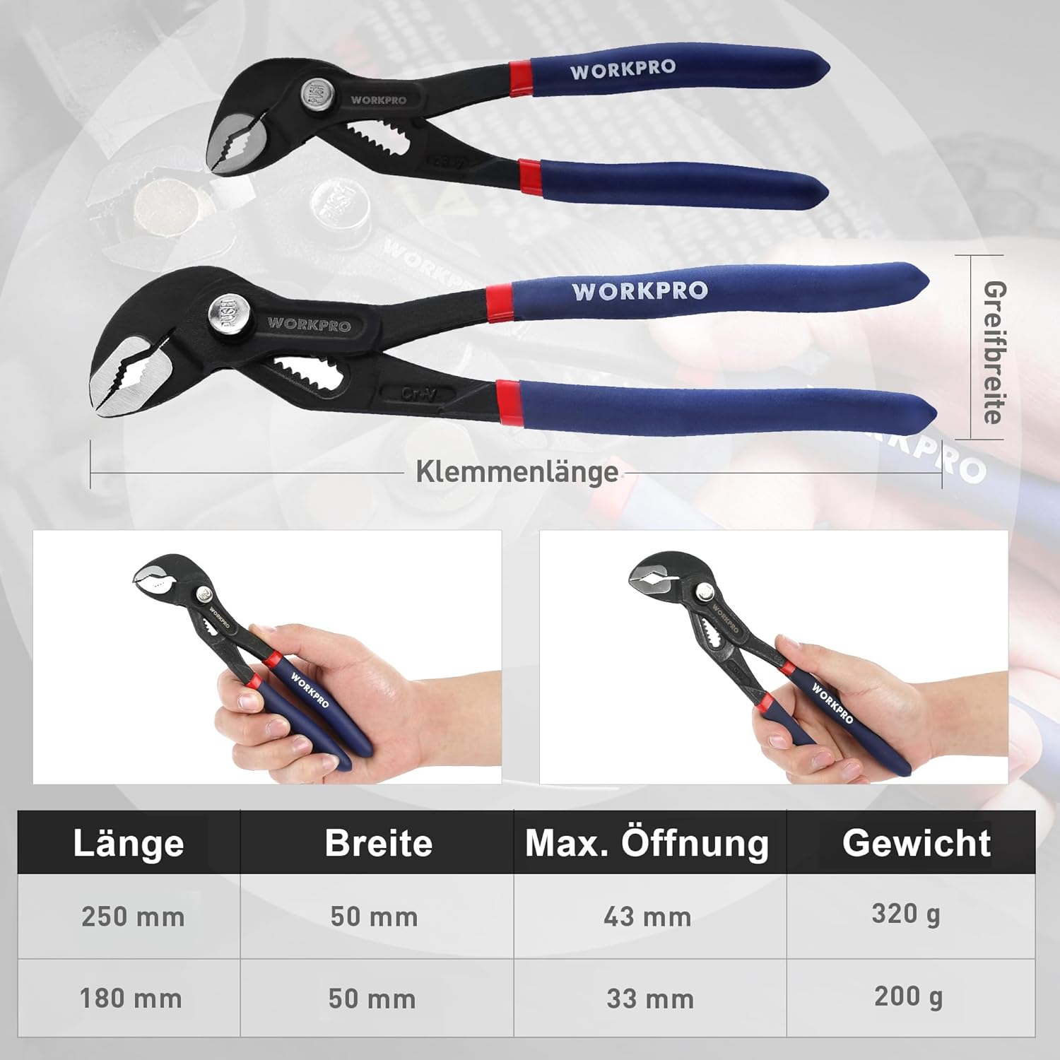 WORKPRO Jeu de 2 pinces multiprises, 180 mm et 250 mm avec réglage rapide, articulation coulissante, grand espace de serrage et poignée antidérapante