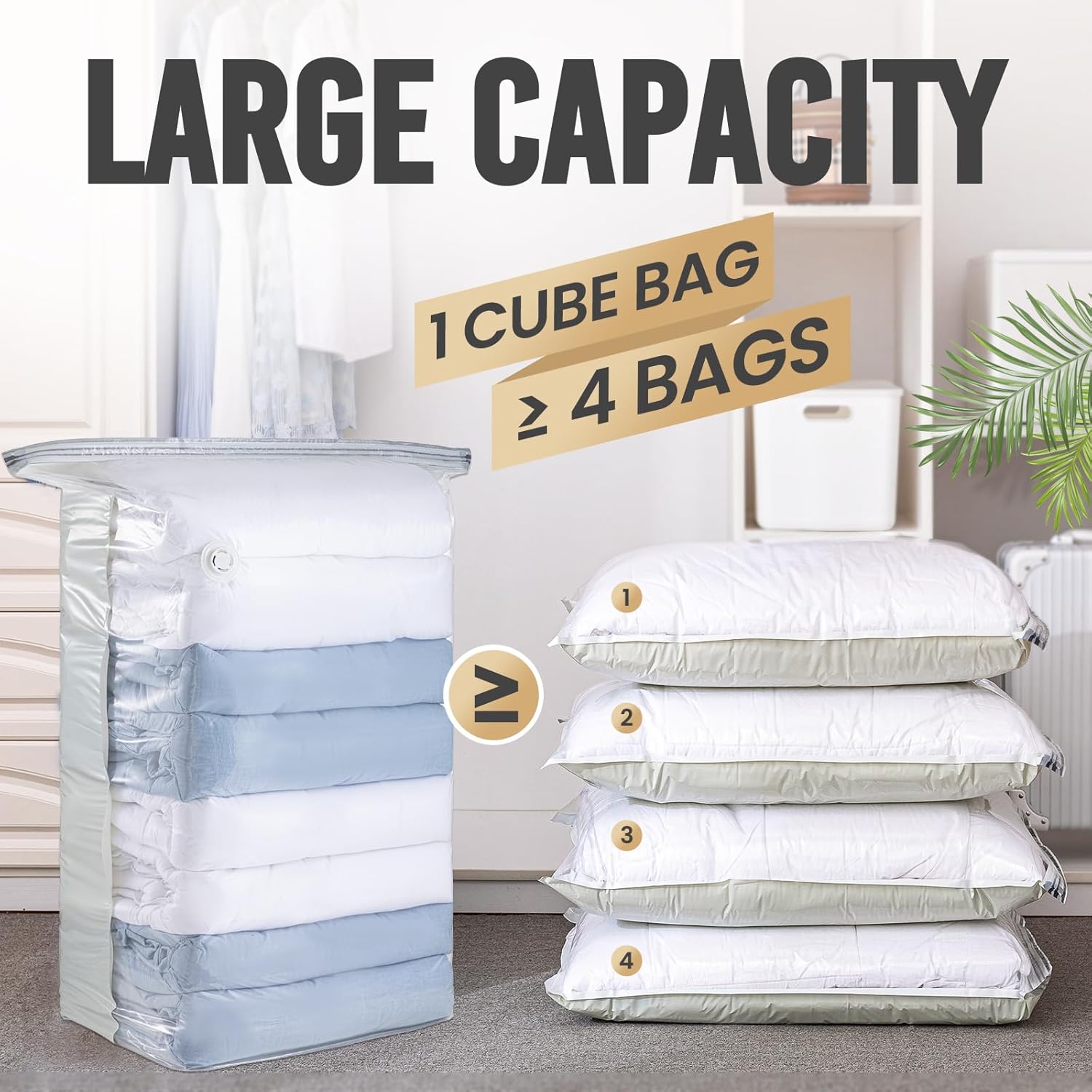 Taili Lot de 6 grands sacs de rangement sous vide cubiques (79 x 102 x 38 cm) pour vêtements, couettes, couvertures, literie - Beige