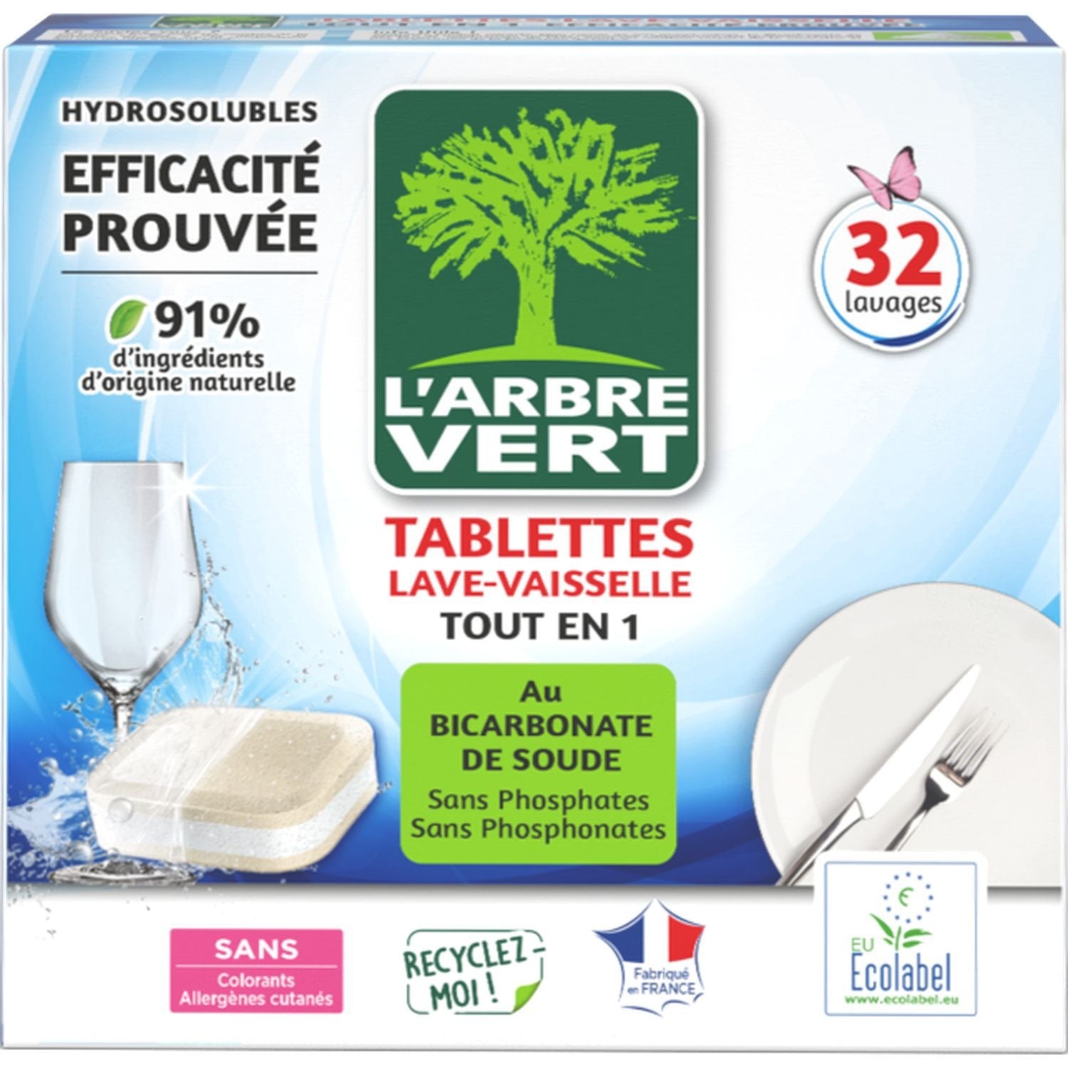 L'Arbre Vert Tablettes Lave-Vaisselle Tout-en-1 au Bicarbonate de Soude, Sans Parfum, 32 Tablettes, 32 Lavages