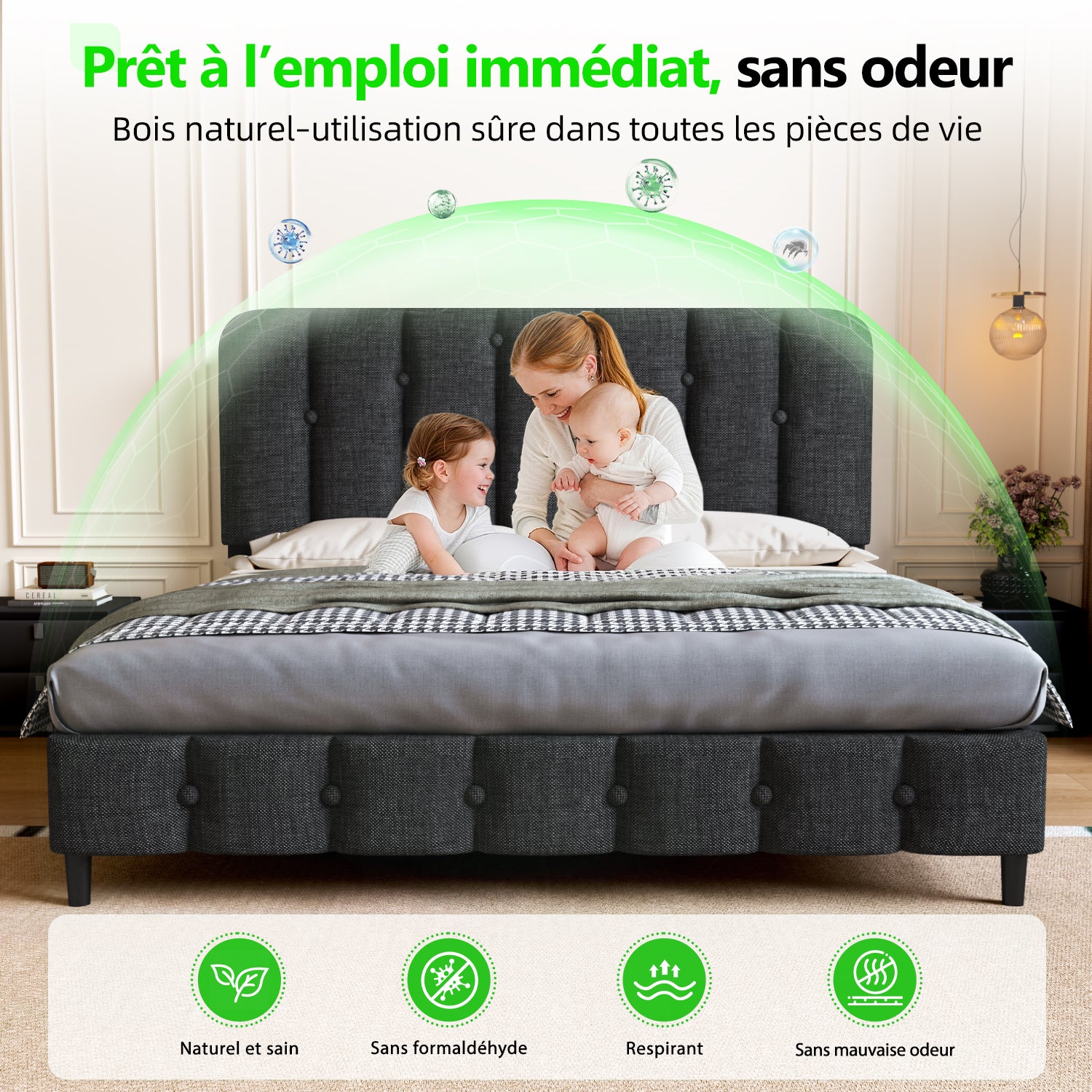 GTIMEX Lit capitonné 212,5 x 145 x 110 cm avec sommier à lattes, Capacité de charge statique : 390 kg, Lit double avec tête de lit rembourrée, Montage facile, Cadre robuste et tissu en lin de haute qualité, Gris foncé
