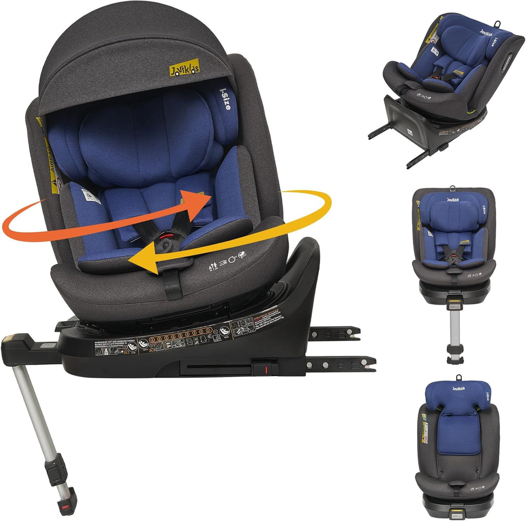Jovikids siège auto 360° i-Size avec ISOFIX, 40-150 cm - rotation à 360°, convient de la naissance à 12 ans, 12 réglages de l'appui-tête, tissu lavable - la sécurité avant tout (bleu)