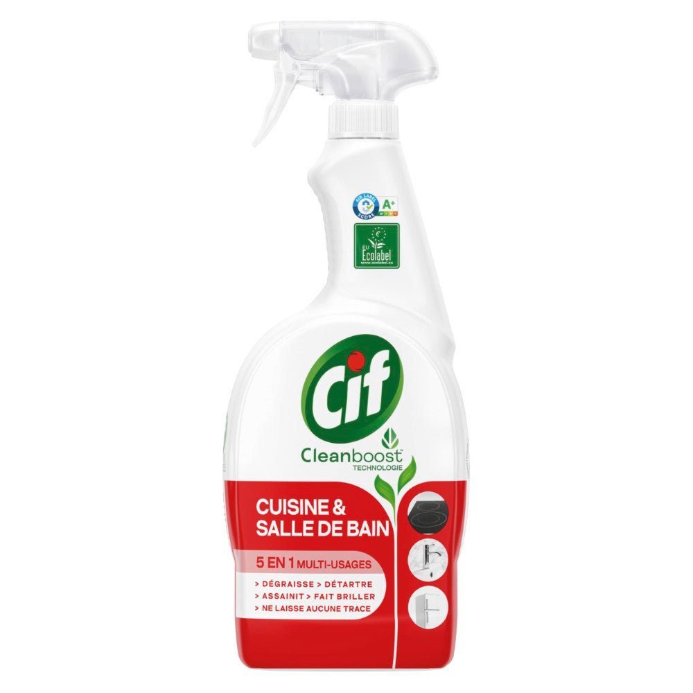 Cif Spray Nettoyant Multi-Usages Cuisine et Salle de Bain 5 en 1, Dégraisse et Détartrage, Sans Traces, Certifié Écolabel, 750 ml