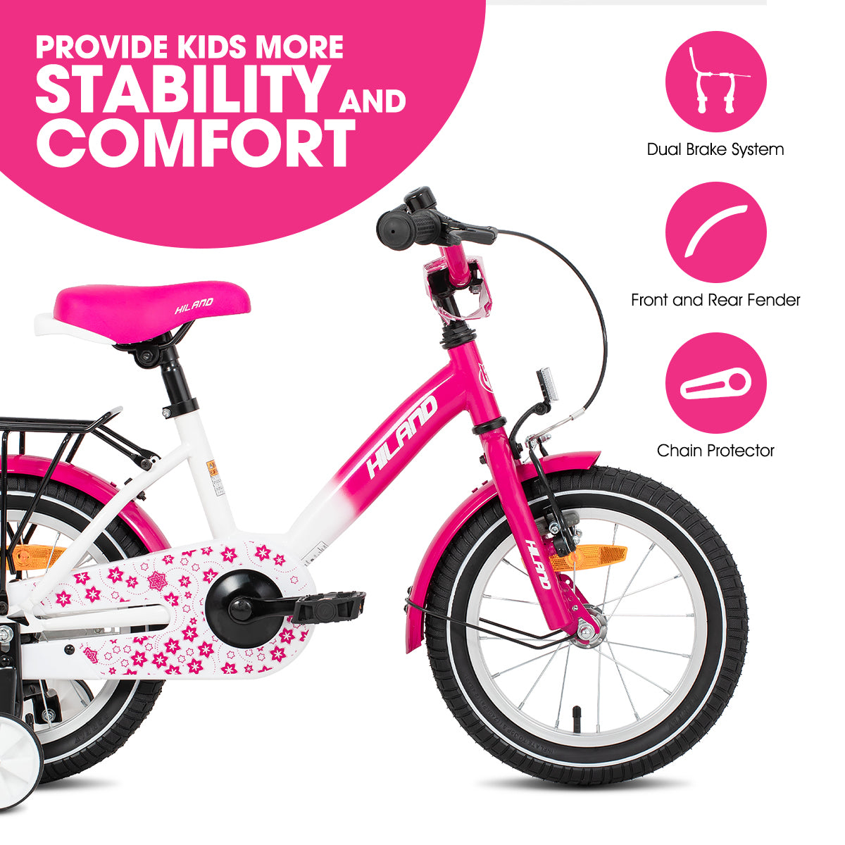 HILAND Starry Vélo pour enfants de 2 à 7 ans avec petites roues, sonnette et porte-bagages arrière rose - 30 cm