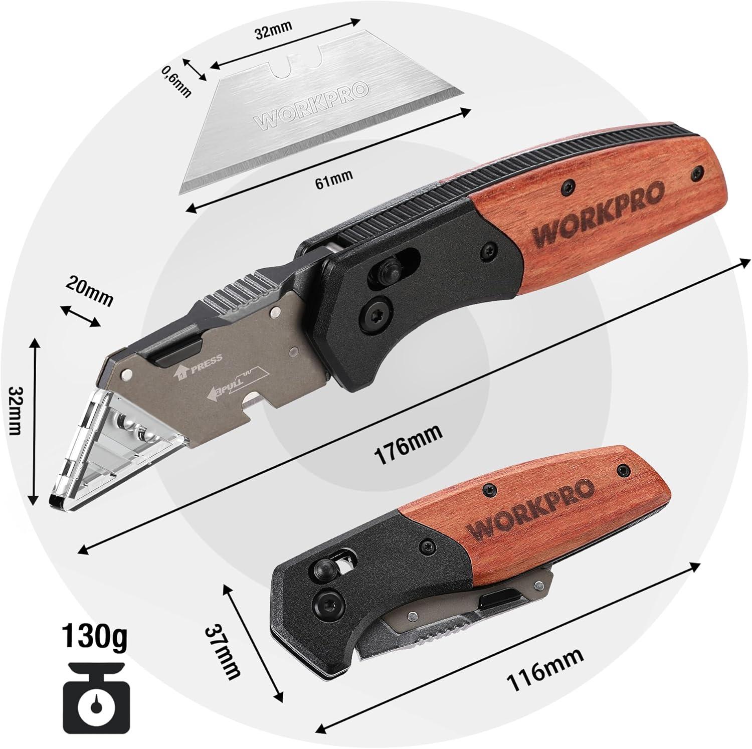 WORKPRO Cutter utilitaire multifonction pliant avec manche en bois, verrou coulissant et clip de ceinture, comprend 10 lames de rechange SK5