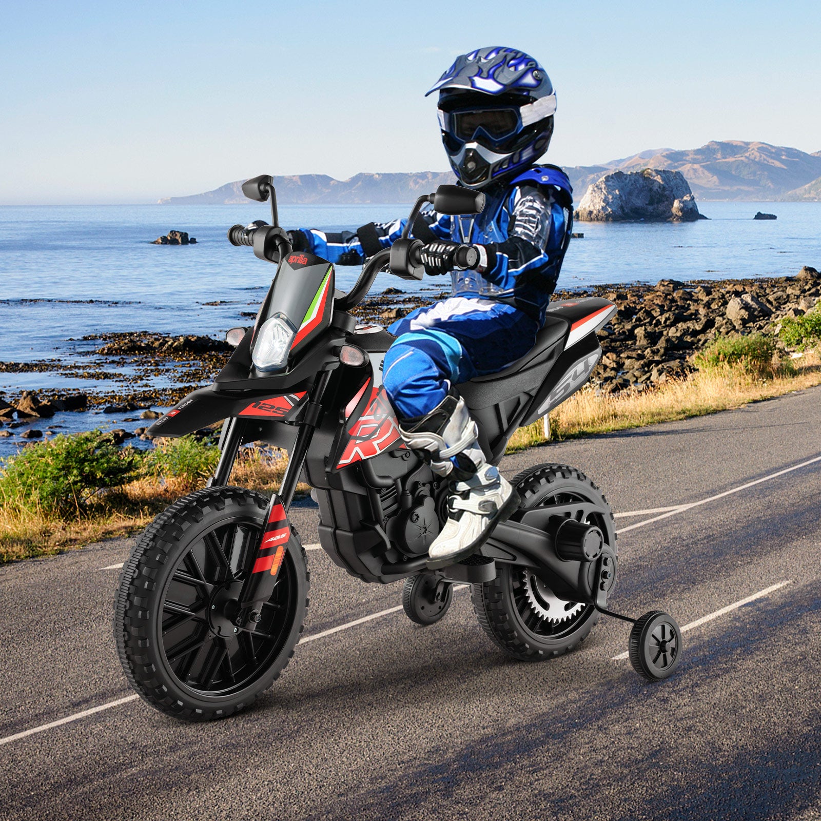 Moto électrique pour enfants 12 V avec roues d'apprentissage, modèle sous licence Aprilia, rouge