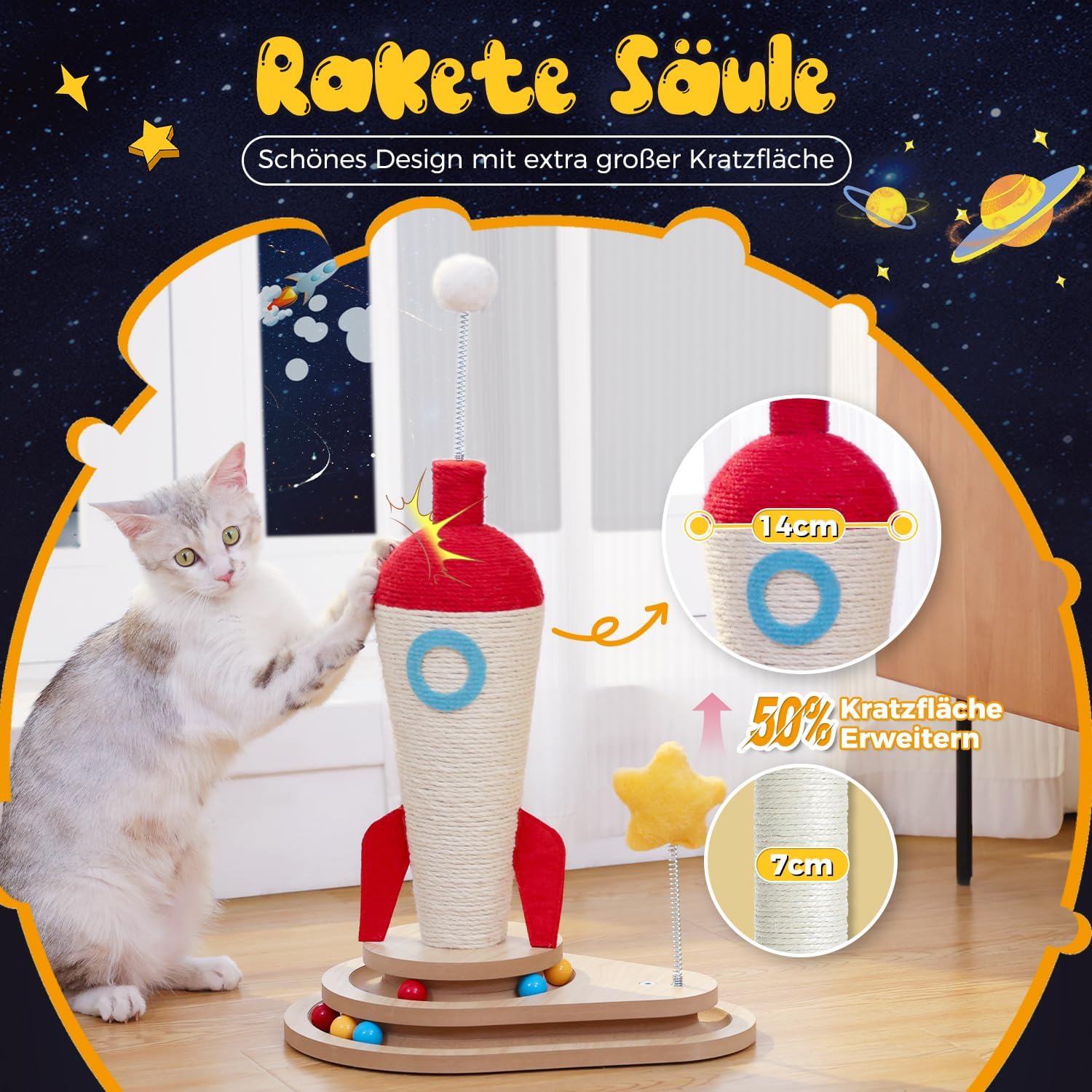 PAWZ Road Jouet interactif pour chat avec griffoir en forme de fusée, griffoir en sisal & piste de balle avec volant en bois massif 63 cm, multifonctionnel, favorise l'entretien des griffes & la protection des meubles
