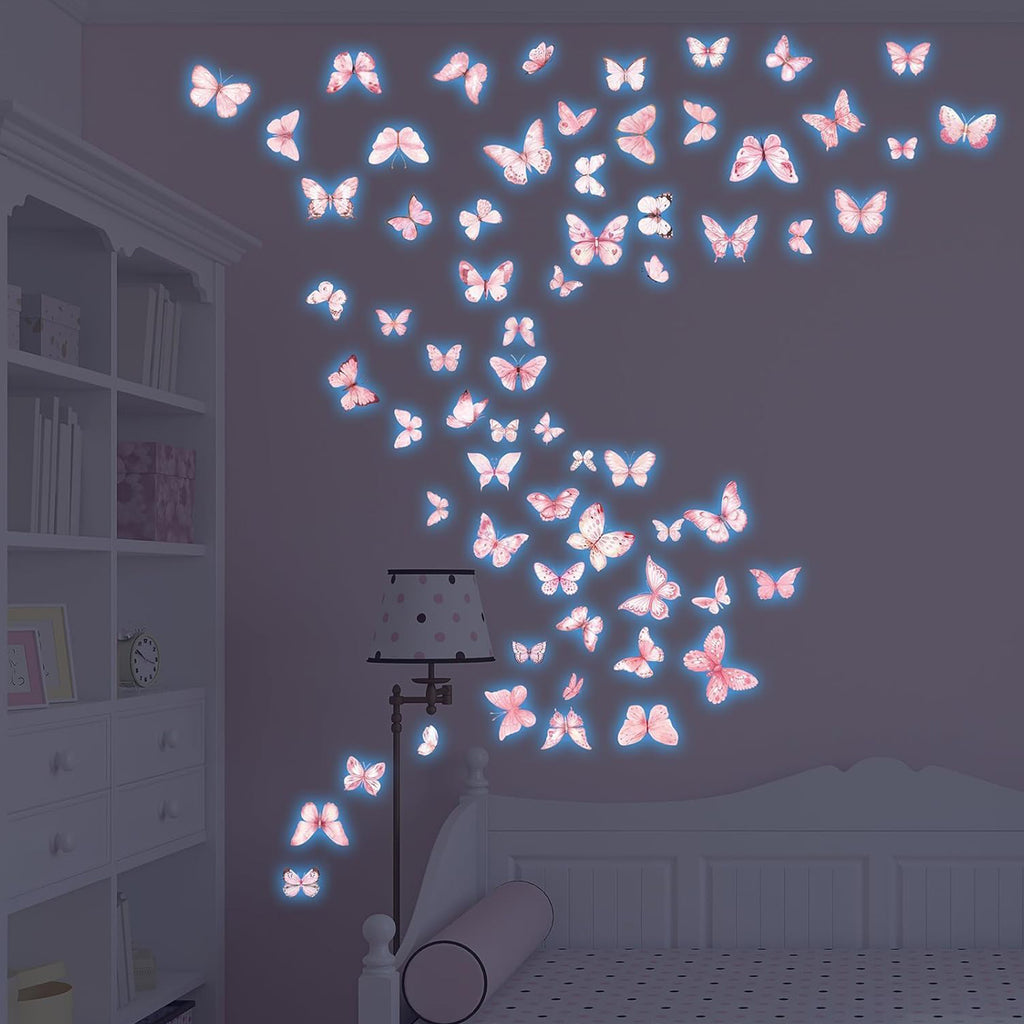 JU7CER Lot de 3 pièces de 20x30 cm autocollants muraux bleu-lumière autocollants muraux phosphorescents papillon bleu-lumière imprimé rose chambre de fille chambre d'enfant autocollants muraux