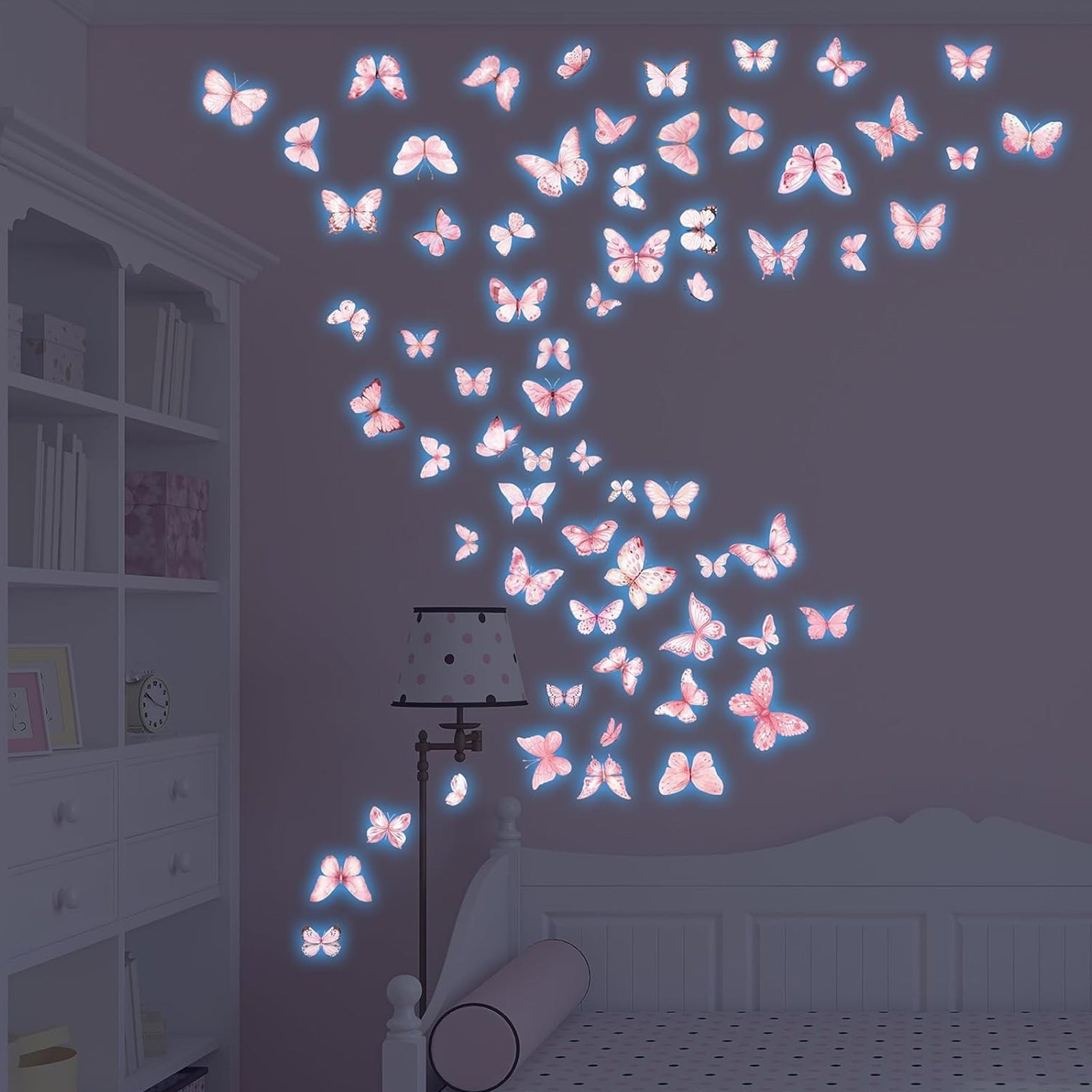 JU7CER Lot de 3 pièces de 20x30 cm autocollants muraux bleu-lumière autocollants muraux phosphorescents papillon bleu-lumière imprimé rose chambre de fille chambre d'enfant autocollants muraux