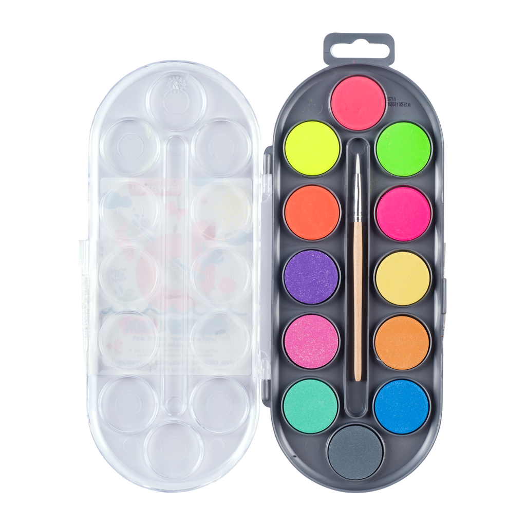 Bruynzeel Kids set de peinture à l'eau de 12 couleurs métalliques et fluo avec pinceau