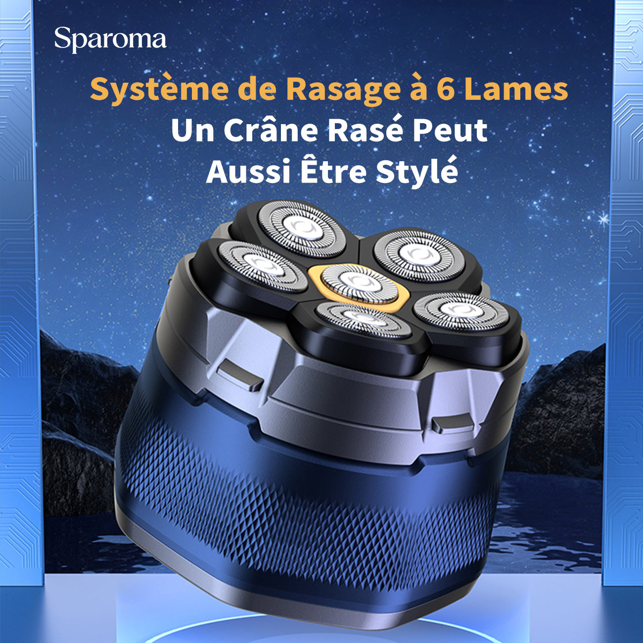 Sparoma Rasoir pour homme chauve - rasoir électrique avec 6 têtes flottantes magnétiques, résistant à l’eau IPX6, avec écran intelligent LED, autonomie de 150 minutes - fk-8750, modèle bleu