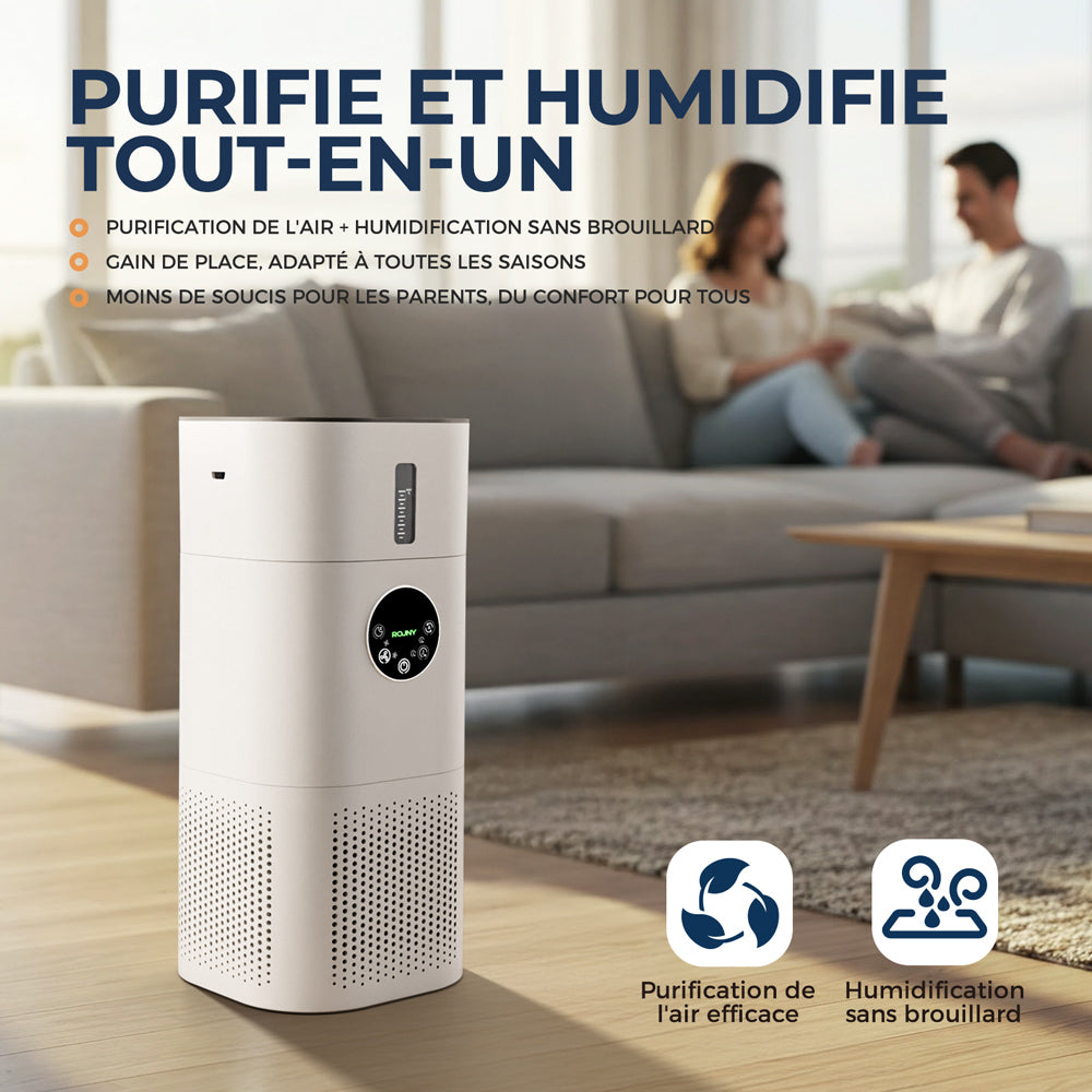 ROUNY Combo purificateur d'air et humidificateur 2-en-1, filtre HEPA H13, CADR 150 m³/h, couverture 20-50 m², mode veille ≤25 dB, affichage de la qualité de l'air