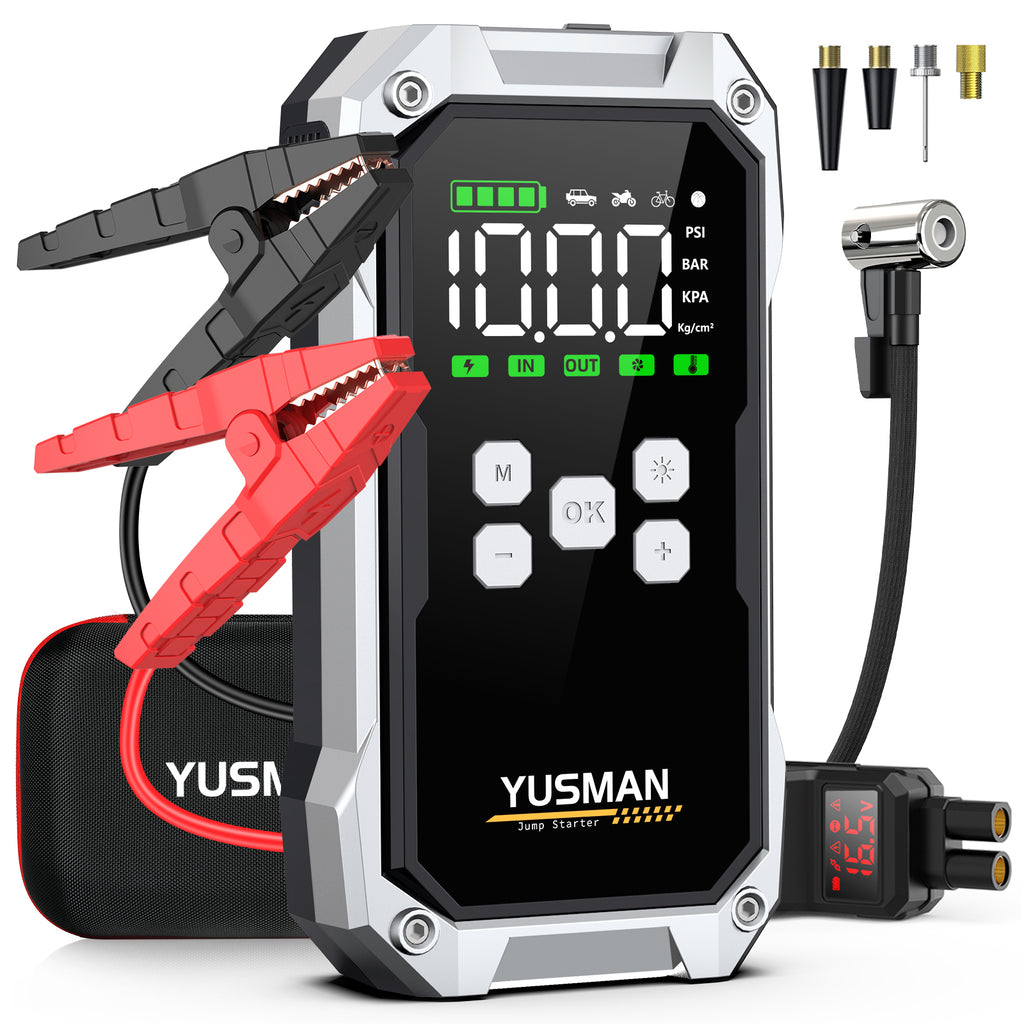 Booster de batterie automobile YUSMAN – 8000 A démarreur de voiture 12 V (jusqu’à tous les moteurs essence / 10,0 L diesel), démarreur avec compresseur d’air 150 PSI