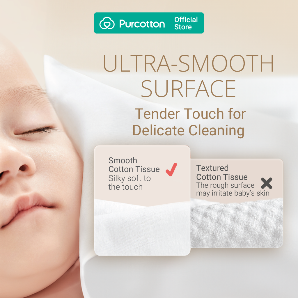 Purcotton Mouchoirs bébé 100 % coton (Ultra doux) 80 Feuilles/paquet (3 Paquets individuels)
