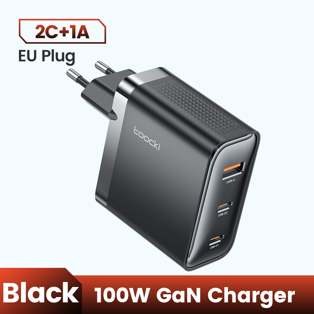 Toocki Bloc de charge USB C 100 W, Chargeur mural rapide GaN à 3 ports avec prise pliable, Chargeur rapide PD3.0/QC3.0 pour iPhone 17/16/13/14/15 Pro Max/Plus, MacBook Air/Pro